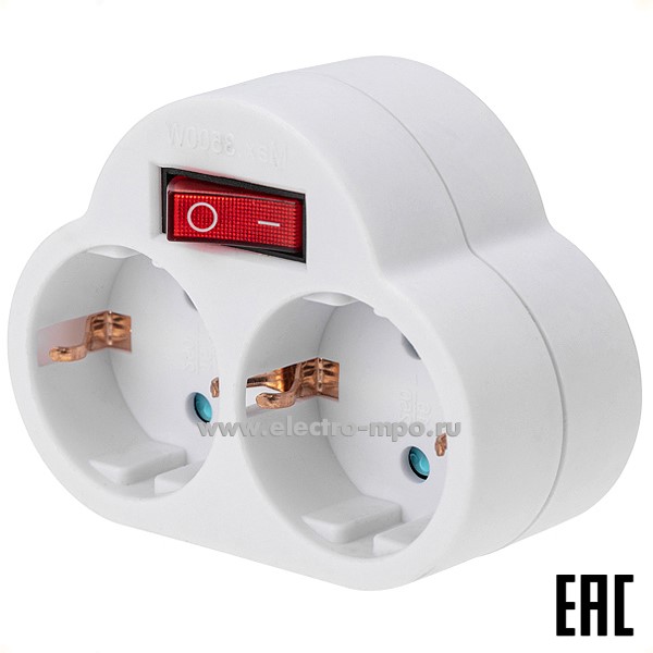 Р43. Двойник 11-1085 электрический 16А с/з с выключателем и защитными шторками белый (Rexant)