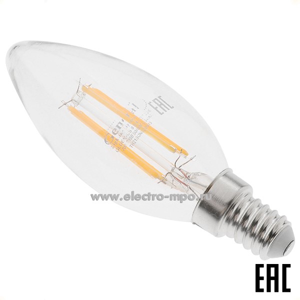 Л1308. Лампа 4,3Вт Filament прозрач. 649971 GLDEN-CS-8-230-E14-2700К светодиодная "свеча" т/б свет (Genera