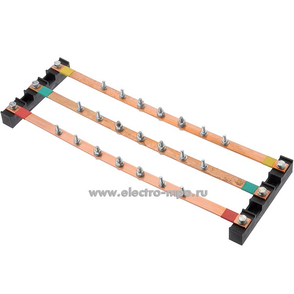 Э1496. Блок фазных шин по 7 прис. медь 200А 380В на монт. плату шириной от 400мм (МПО Электромонтаж)