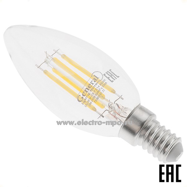 Л1305. Лампа 4Вт Filament прозрач. 646600 GLDEN-CS-7-230-E14-4500К светодиодная "свеча" х/б свет (General)