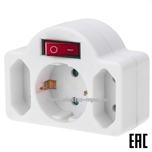 Р43. Тройник 11-1086 электрический 16А с/з + 2х2,5А с выключателем и защитными шторками белый (Rexant)