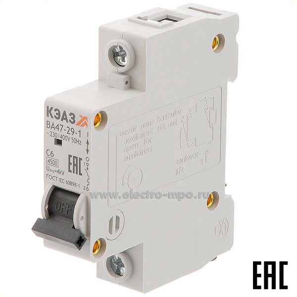 А1100. Автоматический выключатель ВА47-29-1C6 6А/1п/ 4,5кА на Din-рейку 318208 (КЭАЗ)