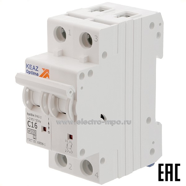 А1210. Автоматический выключатель OptiDin ВМ-63-2C16 16А/2п/ 4,5кА на Din-рейку 326803 (КЭАЗ)