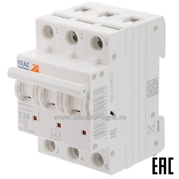 А1218. Автоматический выключатель OptiDin ВМ-63-3C10 10А/3п/ 4,5кА на Din-рейку 326811 (КЭАЗ)
