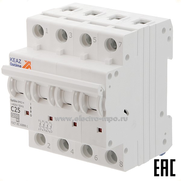 А1264. Автоматический выключатель OptiDin ВМ-63-4C25 25А/4п/ 4,5кА на Din-рейку 326823 (КЭАЗ)