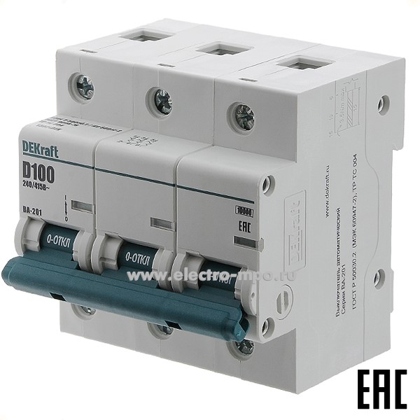 А0596. Автоматический выключатель ВА201-3P-100А-D 13021DEK D100А/3п/ 10кА на Din-рейку (DEKraft)