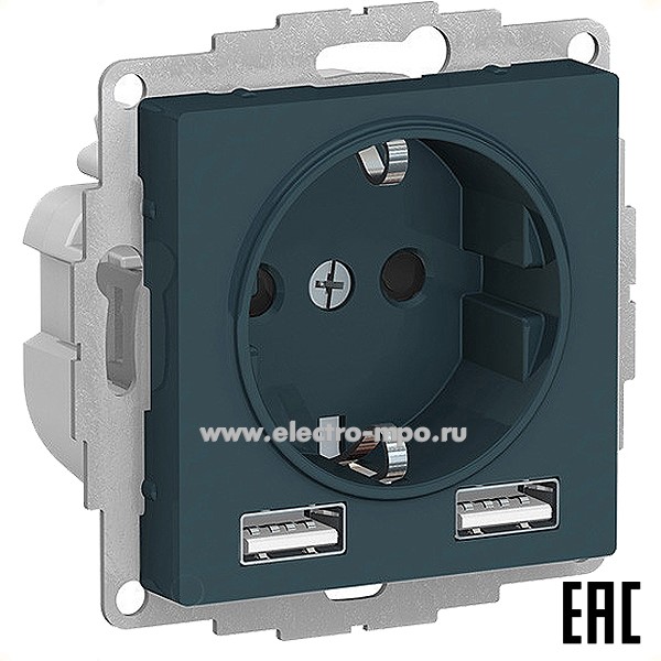 Ю51. Механизм AtlasDesign ATN000830 розетки "евро" + 2хUSB тип А изумруд (Systeme Electric)