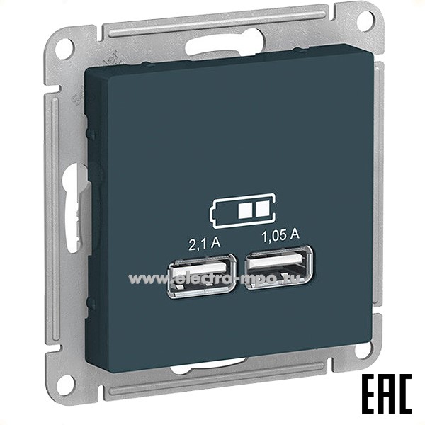Ю51. Механизм AtlasDesign ATN000833 зарядного уст-ва 2хUSB тип А 5В 2,1А с/п изумруд (Systeme)