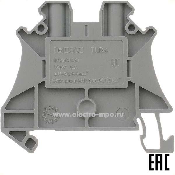 К2206. Клемма TUR-4R винтовая серая 4мм2 32А 1000В ширина 6,2мм (ДКС)