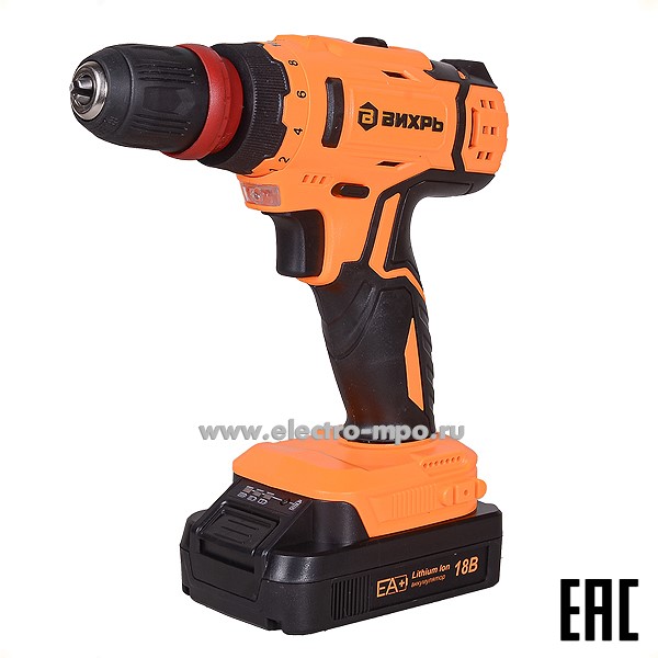 И66. Дрель-шуруповерт аккумуляторная ДА-18Л-2КC (2,0 А/ч) (съёмный патрон) Вихрь 72/14/34
