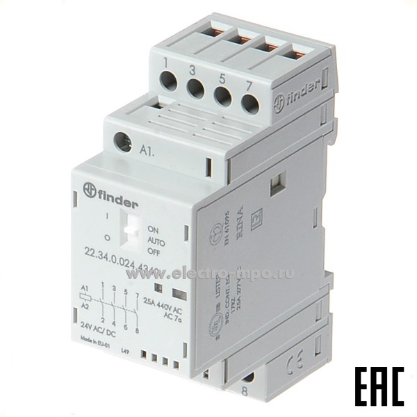 А94. Контактор 223402304720 модульный 230В АС/DC 25А 3з+1р серия 22 (Finder)