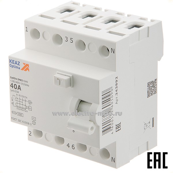 А1881. Устройство защит. откл. OptiDin DM63-4240 (тип АС) 40А-30мА 400В 3P+N 4,5кА 343892 (КЭАЗ)
