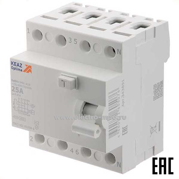 А1880. Устройство защит. откл. OptiDin DM63-4225 (тип АС) 25А-30мА 400В 3P+N 4,5кА 343891 (КЭАЗ)