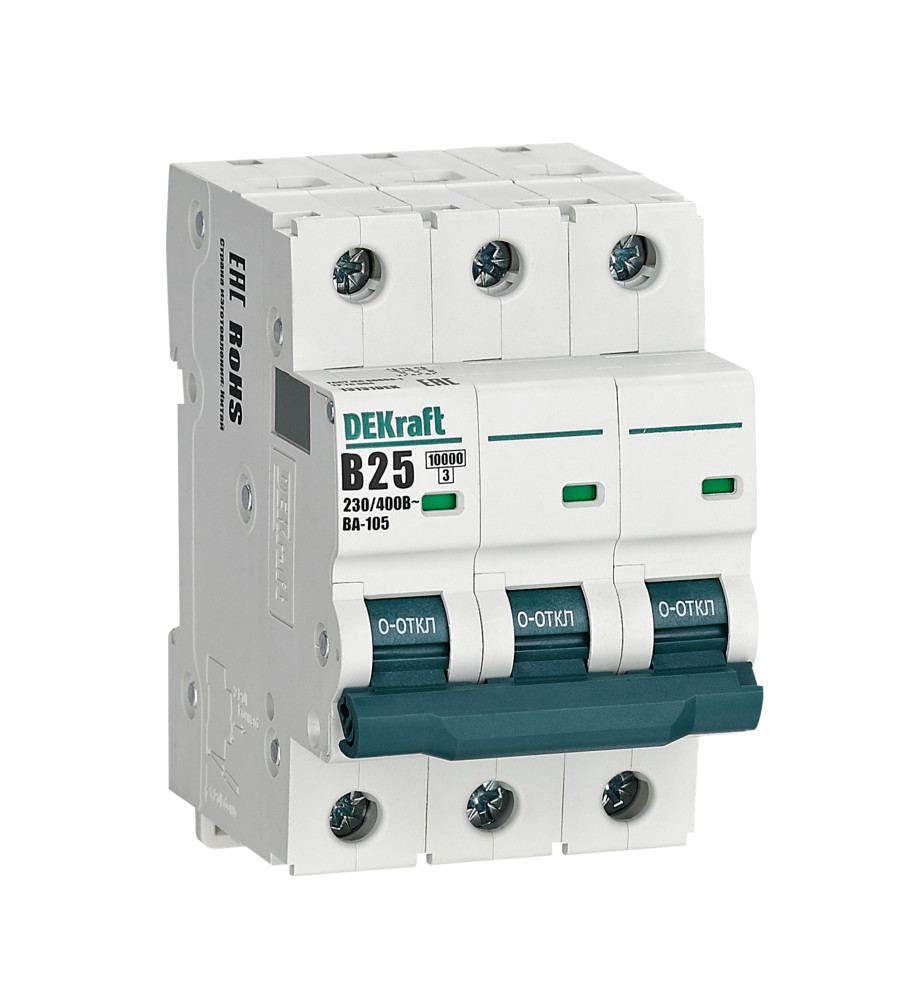 А01. Автоматический выключатель ВА-105 13131DEK 3P 25A х-ка B 10кА (DEKraft)