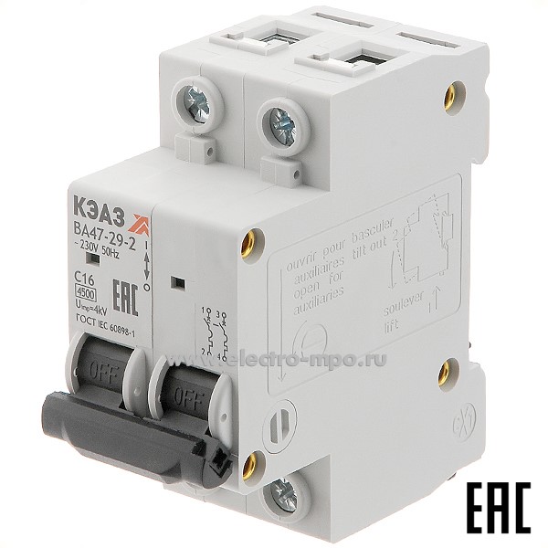 А1243. Автоматический выключатель ВА47-29-2C16 16А/2п/ 4,5кА на Din-рейку 318241 (КЭАЗ)