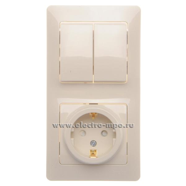Р1694. Блок Glossa GSL000274 выкл. 2кл. + розетка "евр" со шторками с/п бежевый (Systeme Electric)