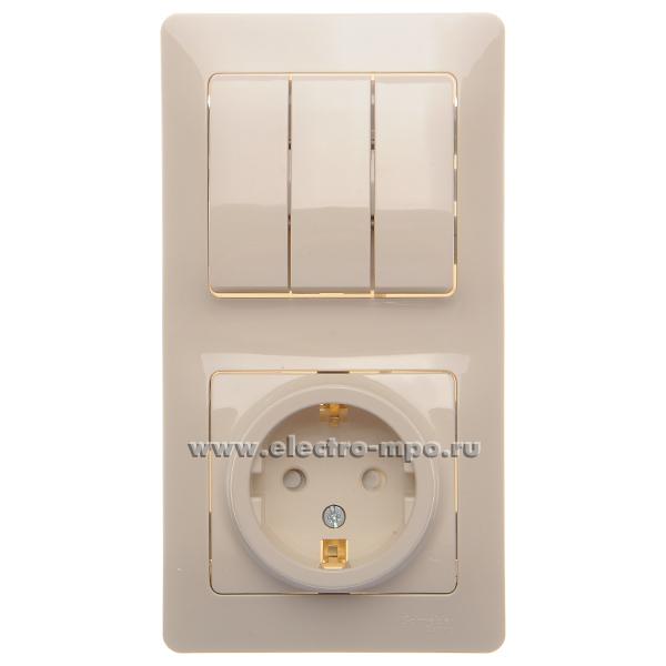 Р1695. Блок Glossa GSL000278 выкл. 3кл. + розетка "евр" со шторками с/п бежевый (Systeme Electric)