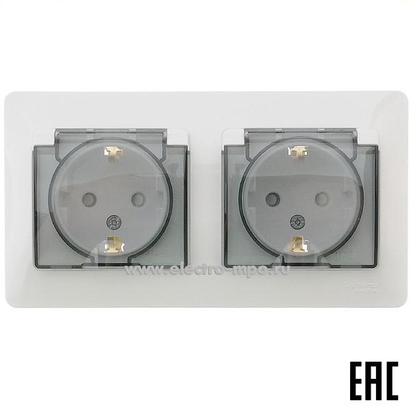 Ю09. Розетка Glossa GSL000147 двойная "евр" с крышкой со шторками с/п белая IP44 (Systeme Electric)