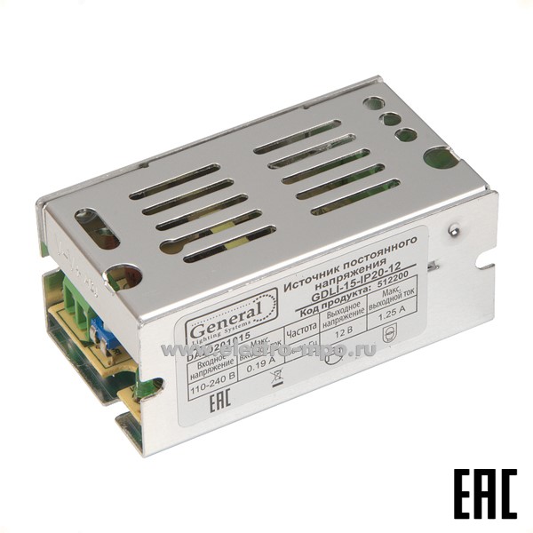 С10. Блок питания 512200 GDLI-15-IP20-12 к светодиодной ленте 220В/12В пост. тока 15Вт (General)