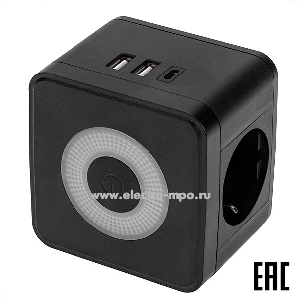 Р43. Двойник 11-1252 Куб 16А с/з + 2хUSB-A 2,4А + USB Type-C 3А с ночной подсветкой черный (Rexant)