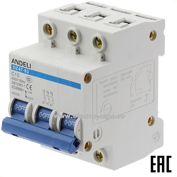 А0928. Автоматический выключатель DZ47-63/3P C10A/3п/ 4,5кА на Din-рейку ADL01-091 (ANDELI)