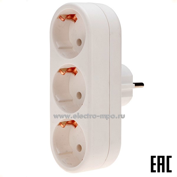 Р43. Тройник 11-1079 электрический линейный 16А с/з вертикальный белый (Rexant)