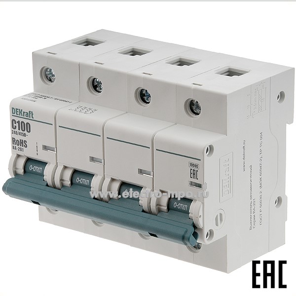 А0585. Автоматический выключатель ВА201-4P-100А-C 13012DEK C100А/4п/ 10кА на Din-рейку (DEKraft)