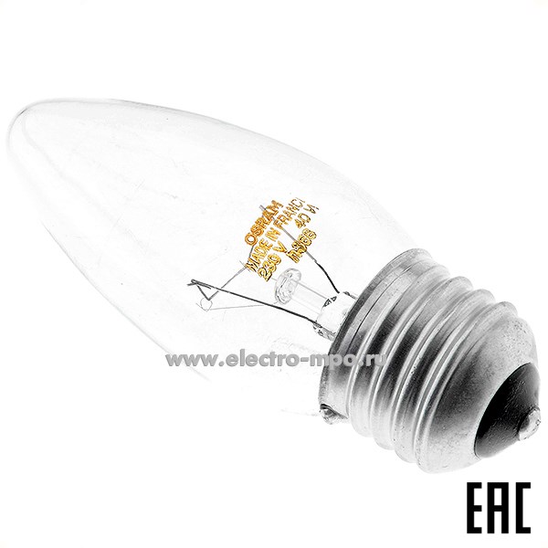 Л6360. Лампа 40Вт 32215 CLAS B CL 40W 230V Е27 415Лм накаливания "свеча" прозрачная (OSRAM)