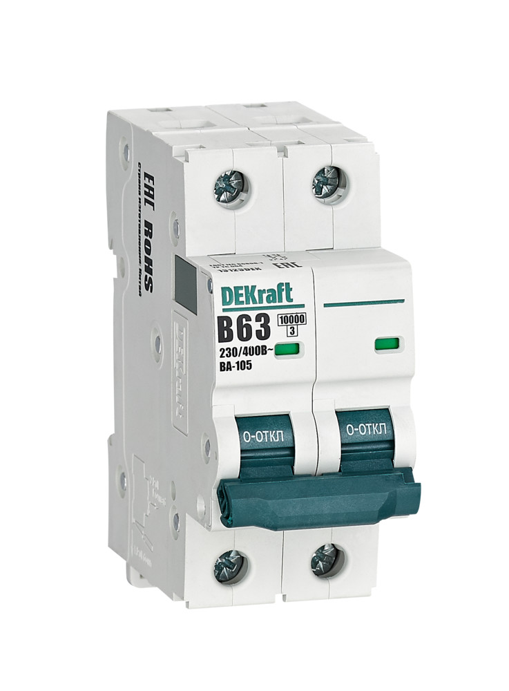 А01. Автоматический выключатель ВА-105 13123DEK 2P 63A х-ка B 10кА (DEKraft)