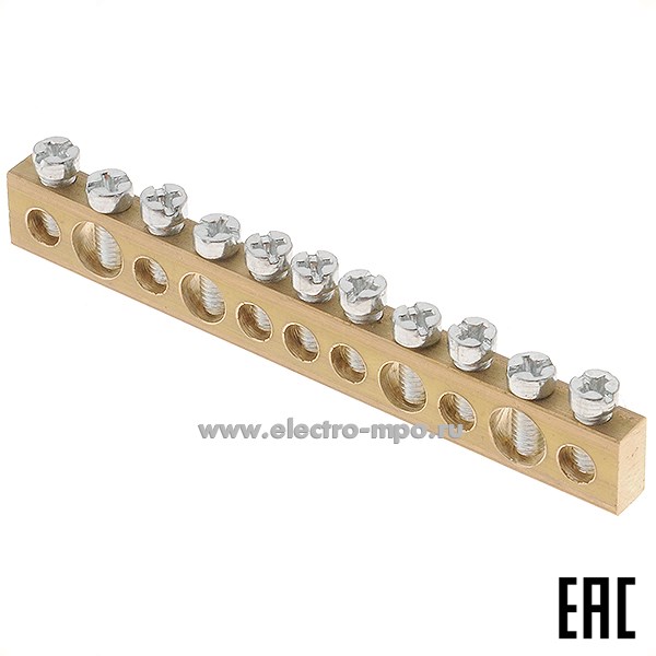 51872.Э1872 Шина 06-01-225 земля на 11 присоединений латунь 100А в держатель (Текфор Москва)