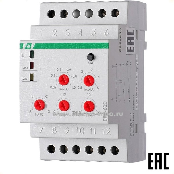 А7627. Реле тока EPP-620 многофункциональное, двухпороговое (0,02-1А; 0,5-5A) (Евроавтоматика)