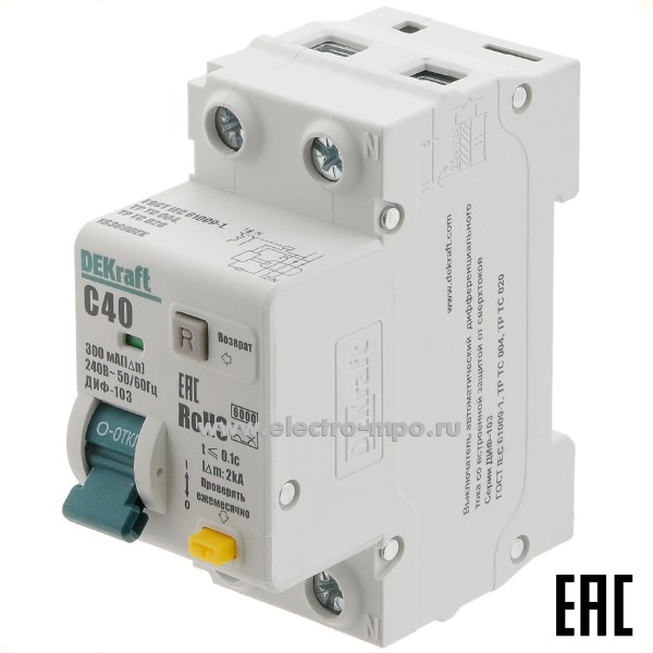 А2249. Дифф. автомат ДИФ103  16369DEK (тип А) 40А-300мА 230В 1P+N 2мод. 6,0кА х-ка С (DEKraft)