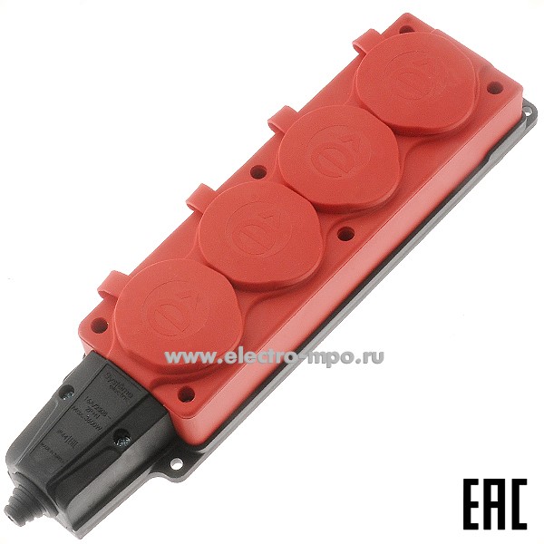 Р66. Блок MST4124RD 4х "евр" 2К+З 16А 250В каучуковый красный IP44 (Systeme Electric)