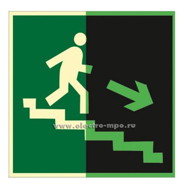 В2794. Знак фотолюм. E13 тип 1 "Напр. к эвак. вых. по лестн. вниз направо" 200х200мм ПВХ плёнка (Тулупов)