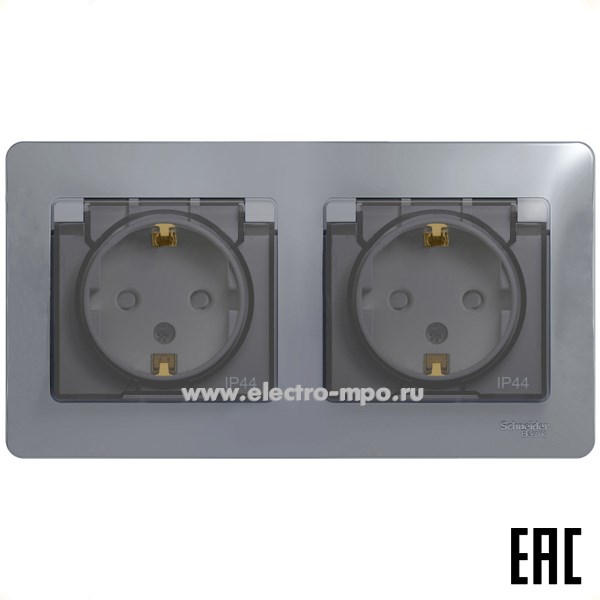 Ю1003. Розетка Glossa GSL000347 двойная "евр" с крышкой со шторками с/п алюминий IP44 (Systeme Electric)
