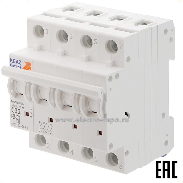 А1261. Автоматический выключатель OptiDin ВМ-63-4C10 10А/4п/ 4,5кА на Din-рейку 326820 (КЭАЗ)