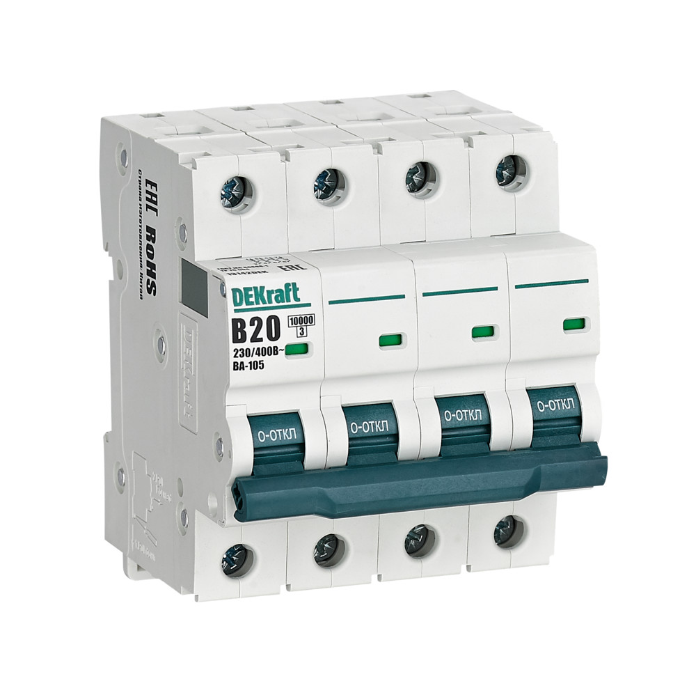 А01. Автоматический выключатель ВА-105 13142DEK 4P 20A х-ка B 10кА (DEKraft)
