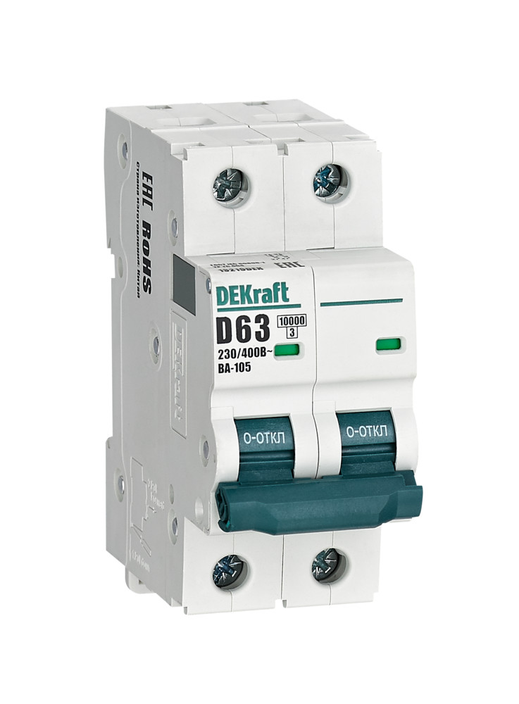 А01. Автоматический выключатель ВА-105 13219DEK 2P 63A х-ка D 10кА (DEKraft)