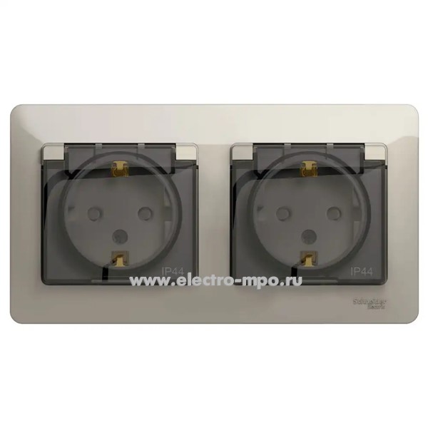 Ю08. Розетка Glossa GSL000947 двойная "евр" с крышкой со шторками с/п молочный IP44 (Systeme Electric)