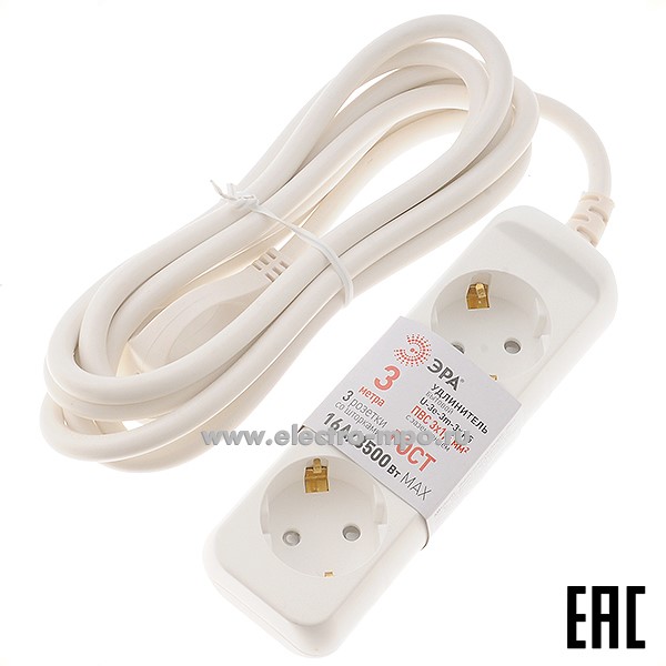 Ю6070. Удлинитель ЭРА U-3e-3m-3x1,5 (Б0044032) 3 метра 3 розетки "евр" 16А белый (Россия)