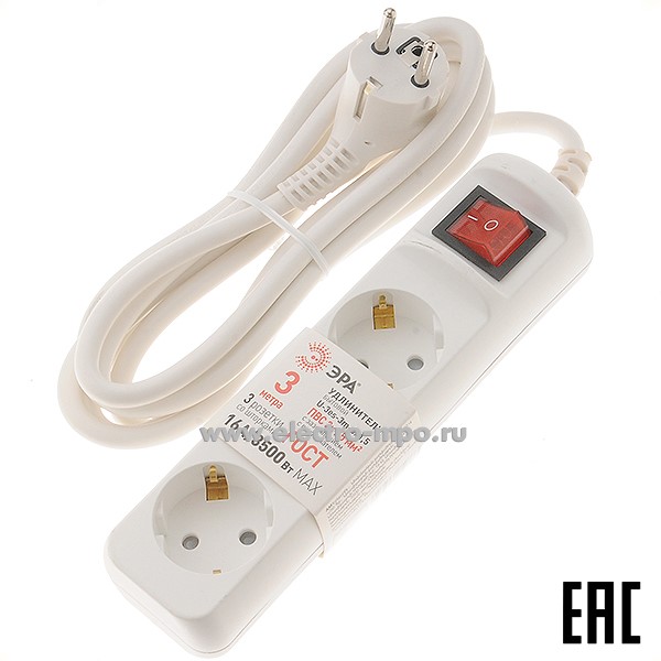 Ю6072. Удлинитель ЭРА U-3es-3m-3x1,5 (Б0044040) 3 метра 3 розетки "евр" с выкл. 16А белый (Россия)