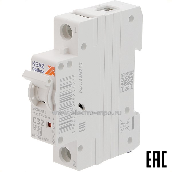 А1133. Автоматический выключатель OptiDin ВМ-63-1C32 32А/1п/ 4,5кА на Din-рейку 326797 (КЭАЗ)