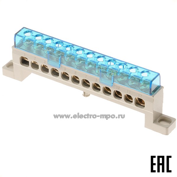 Э1856. Шина BC-8A12 ноль на поверхность на 12 присоединений латунь 100А (Электромонтаж)