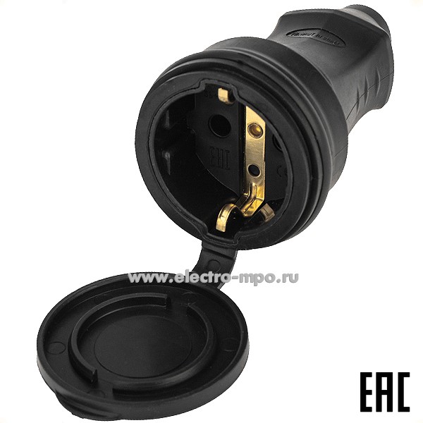 Р66. Розетка 111-004-4 переносная "евро" влагозащищенная с крышкой 230В 16 А IP44 каучук (PROconnect)