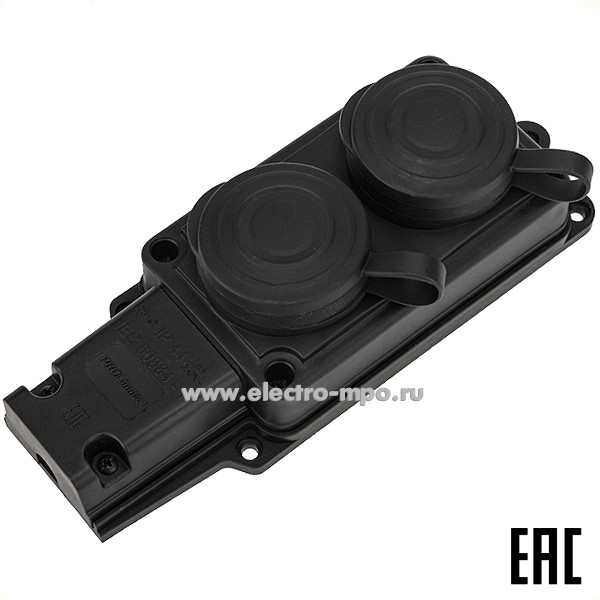 Р66. Блок 111-112-4 2 розетки "евр" с крышками каучуковый черный 16А IP44 (PROconnect)