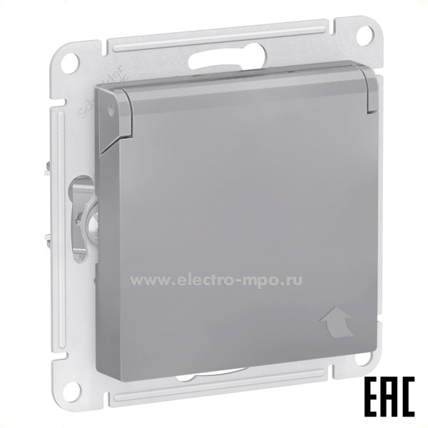 Ю4781. Механизм AtlasDesign ATN000946 розетки "евро" со шторками с крышкой IP20 с/п сталь (Systeme)