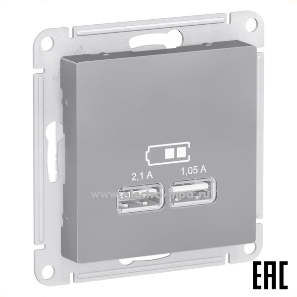 Ю4788. Механизм AtlasDesign ATN000933 зарядного устройства 2хUSB тип А с/п сталь (Systeme Electric)