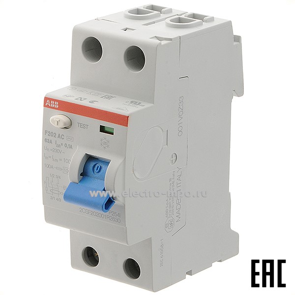 К6408. Устройство защитного откл. F202 AC-63/0,1 (тип АС) 63А-100мА 230/400В 2Р 6кА 2CSF202001R2630 (АВВ)