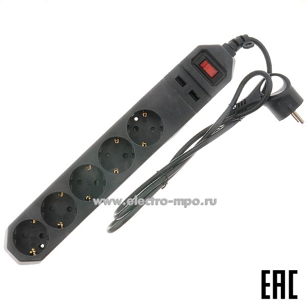 Р5369. Сетевой фильтр ЭРА USF-5es-1.5m-USB--B (Б0019036) 1,5м, 5 роз."евр" 10А+ 2хUSB 2,1А (выкл,т/р) черн