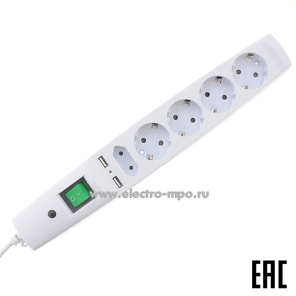 Р5370. Сетевой фильтр ЭРА SFU-5es-2m-W (C0043327) 2м, 5 роз."евр" 10А+ 2хUSB 2,1А (выкл,т/р) белый (Китай)
